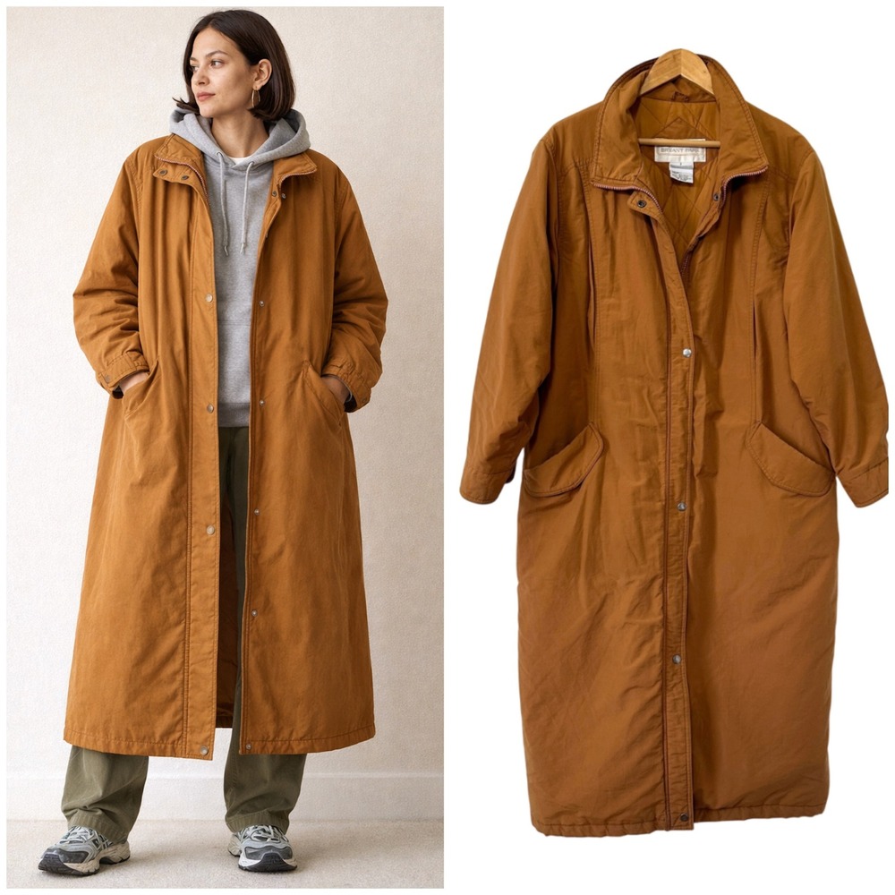 Vintage Long Quilted Coat Parka L Brown Oversized Utility Gorpcore Full Length